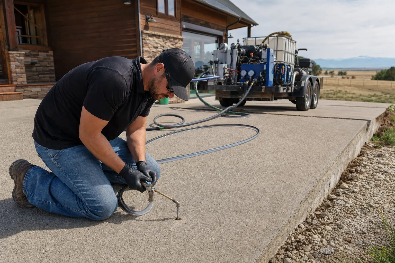 Technician lifting a sunken concrete driveway slab with polyurethane foam injection