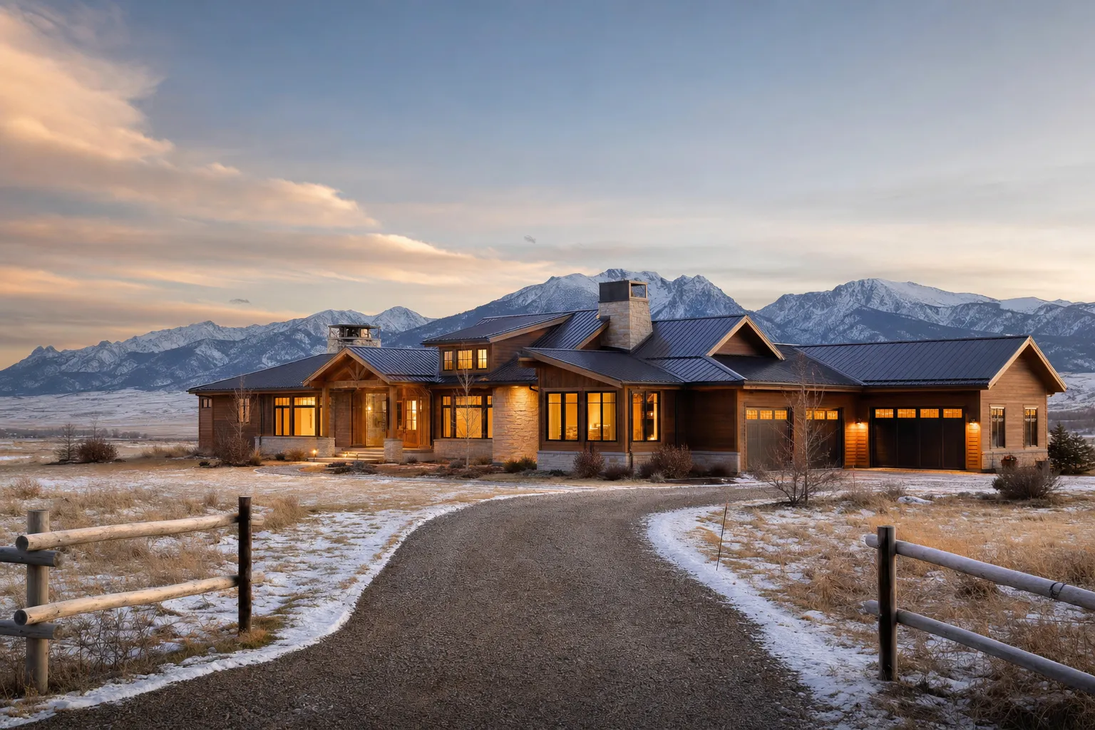 Ranch home near Big Timber Montana at golden hour with the Crazy Mountains behind it